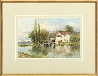 English Color Lithograph, C. 1892, Watermill On An English River, H 7.5'' W 11''