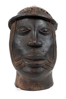 Benin African Bronze Sculpture, C. 19th.c., Head Of A Man Wearing A Hat, H 11'' W 6'' Depth 8''