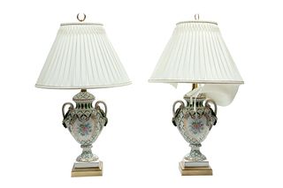 Pair of French Style Porcelain Urn Form Table Lamps, C. 1940, H 30'' W 8.5''