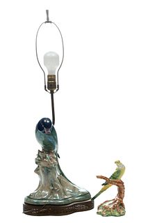 English Porcelain Parrot And Parakeet Figurines Mid 20th C., H 12'' 2 pcs