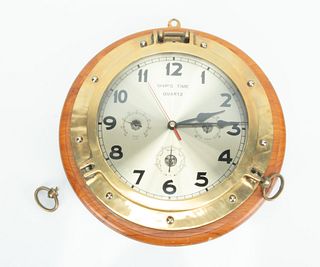 Ship's Time Brass & Cherry Wood Clock, Dia 16.5"