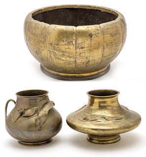Asian Brass Vases And Brass Planter, 3 pcs