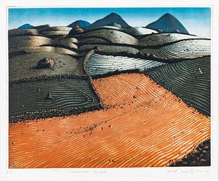 Arnd Maibaum (German, 1940) Etching In Colors On Wove Paper, 1982 H 15.5" W 19.25" Lanzarote: Felder