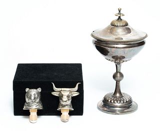 Bull & Bear Bottle Stoppers (2) Also Silver Plate Chalice H 10'' 3 pcs