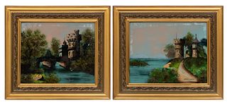 English Reverse Paintings On Glass, C. 1930, Landscape Scenes, H 16'' W 20'' 1 Pair