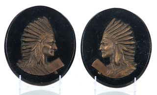 Native American Chief Portraits, Spelter On Wood C. 1900, H 6'' W 4''
