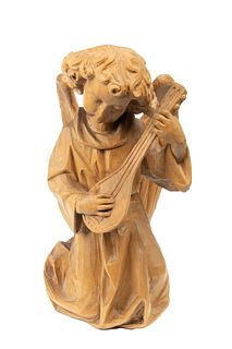 German Carved Wood Angel Playing Lute H 15" W 9"