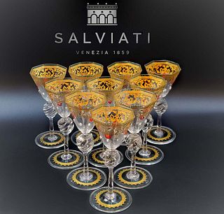 Set of 12 19th C. Venetian Hand Painted Jeweled Salviati Wine Glasses