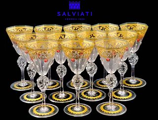 Set of 12, 19th C. Venetian Hand Painted Jeweled Salviati Wine Glasses