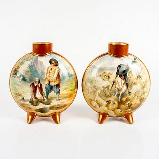Pair of Vintage Doulton Gilded Moon Flasks, Don Quixote