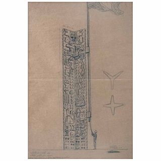 JOSÉ CHÁVEZ MORADO, Anteproyecto de estela porta bandera en cerámica con relieve y color, Firmada y fechada 63, Tinta/papel, 40x26.5 cm