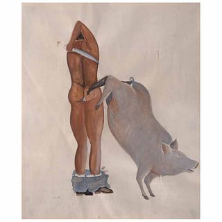 FRANCISCO TOLEDO, Personaje con cerdo, Firmado, Gouache sobre papel, 42 x 35 cm
