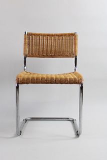 Marcel Breuer Style Chrome & Rattan Wicker Chair, Mid Century Modern