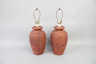 Pair of Mid Century Modern Ribbed Red Terra Cotta Clay Lamps