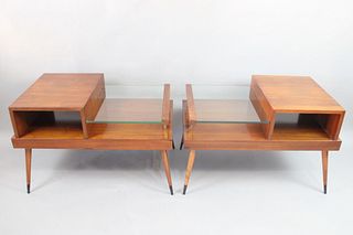 Pair of Cantilevered Mid-Century Modern Glass & Wood Tables