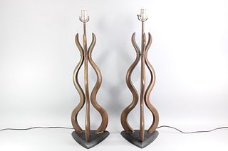Pair Mid-Century Sculptural Wood Pearsall Style Table Lamps