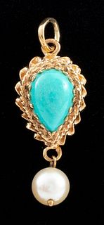 14K Yellow Gold Turquoise & Pearl Drop Pendant
