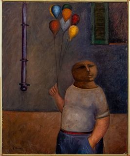 Arnaldo Miccoli 'Man with Balloons' Oil on Canvas