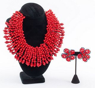 Vilaiwan Red Bead Necklace & Earrings Set