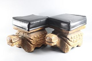 Pair Mid-Century Modern Witco Tiki Style Wood Turtle Ottomans Stools