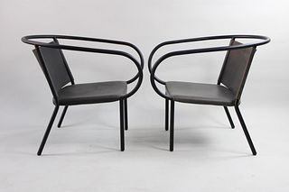 Pair of Black Leather Menu Afteroom Lounge Chairs, Postmodern