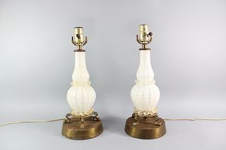 Pair of White and Gold Murano Glass Lamps, Mid Century Modern