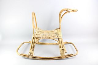 Mid-Century Modern Bamboo & Rattan Rocking Horse, in the Style of Franco Albini