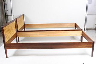 2 Mid Century Modern Rattan & Rosewood Twin Bed Frames