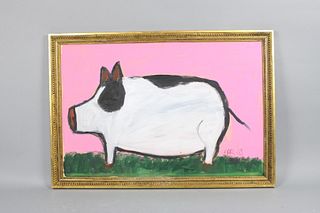 Earl Swanigan Framed Outsider Art Pig in Profile Painting