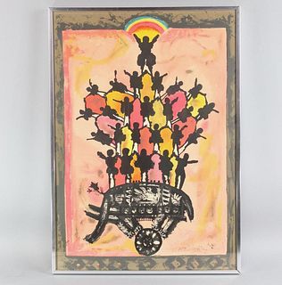 Framed Colorful Print of a Pyramid of People Balancing on an Elephant's Back, Signed & Numbered