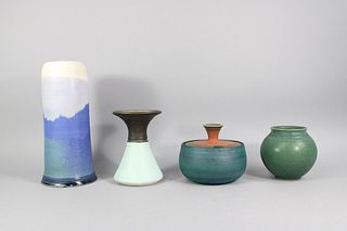 Lot of 4 Mid-Century Modern Green & Blue Studio Pottery, Signed