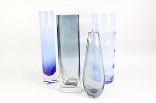 Lot of 4 Blue Mid-Century Modern Art Glass Vases, Kosta & Sommerso