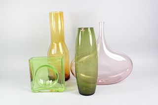 Lot of 4 Colorful Mid-Century Modern Art Glass Vases, Littala