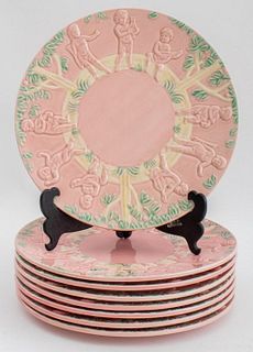 French Majolica Pink Cherubs Chargers / Plates, 8