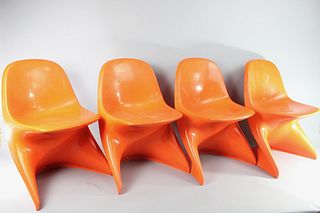 Set of 4 Mid-Century Modern Orange Molded Plastic Casalino Children's Chairs