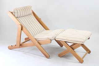 Mid-Century Modern Italian Wood Lounge Chair and Ottoman with Striped Natural Upholstery