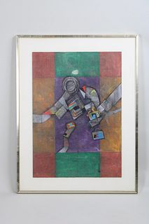 Armando Villegas 1977 Cubist Mixed Media Artwork, Abstract Space Man