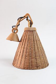 Mid Century Modern Conical Wicker Hanging Light with Wooden Chain