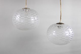 Pair of Mid-Century Modern Etched Glass Pendant Ceiling Lights