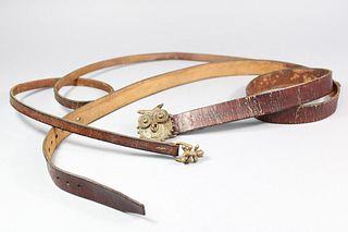 Lot of 2 Vintage Leather Belts with Brass Buckles, Owl & Lizard