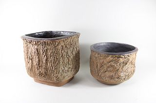 Pair of Mid Century Modern Textured Art Pottery Vessels by Jean Klym, Syracuse Pottery Guild