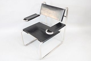 Mid Century Modern Leather and Tubular Chrome Marcel Breuer Style Chair