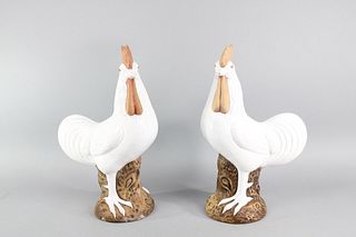Pair of White Ceramic Roosters, Made in Italy
