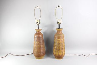 Pair Aldo Londi Bitossi Brown Ceramic Floral Table Lamps