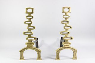 Pair of Brass Modernist Andirons, Mid Century Modern