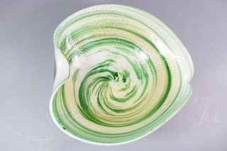 Mid Century Modern Green Swirled Art Glass Dish, Archimede Seguso