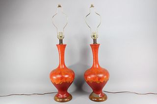 Pair of Mid-Century Modern Orange Lava Drip Glaze Ceramic Lamps