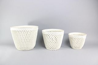 Nesting Set of 3 White Woven Rope Ceramic Basket Planters