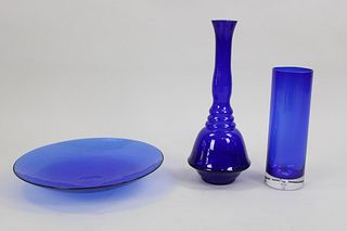 Lot of 3 Cobalt Blue Mid Century Modern Glass, Plate, Vase