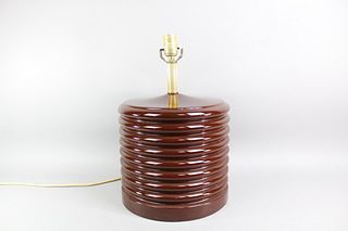 Mid-Century Brown Ribbed Cylindrical Ceramic Table Lamp